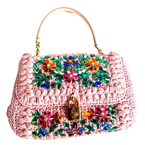 DOLCE & GABBANA MISS DOLCE PINK RAFFIA CRYSTAL LEATHER HANDBAG - Picture 1 of 14